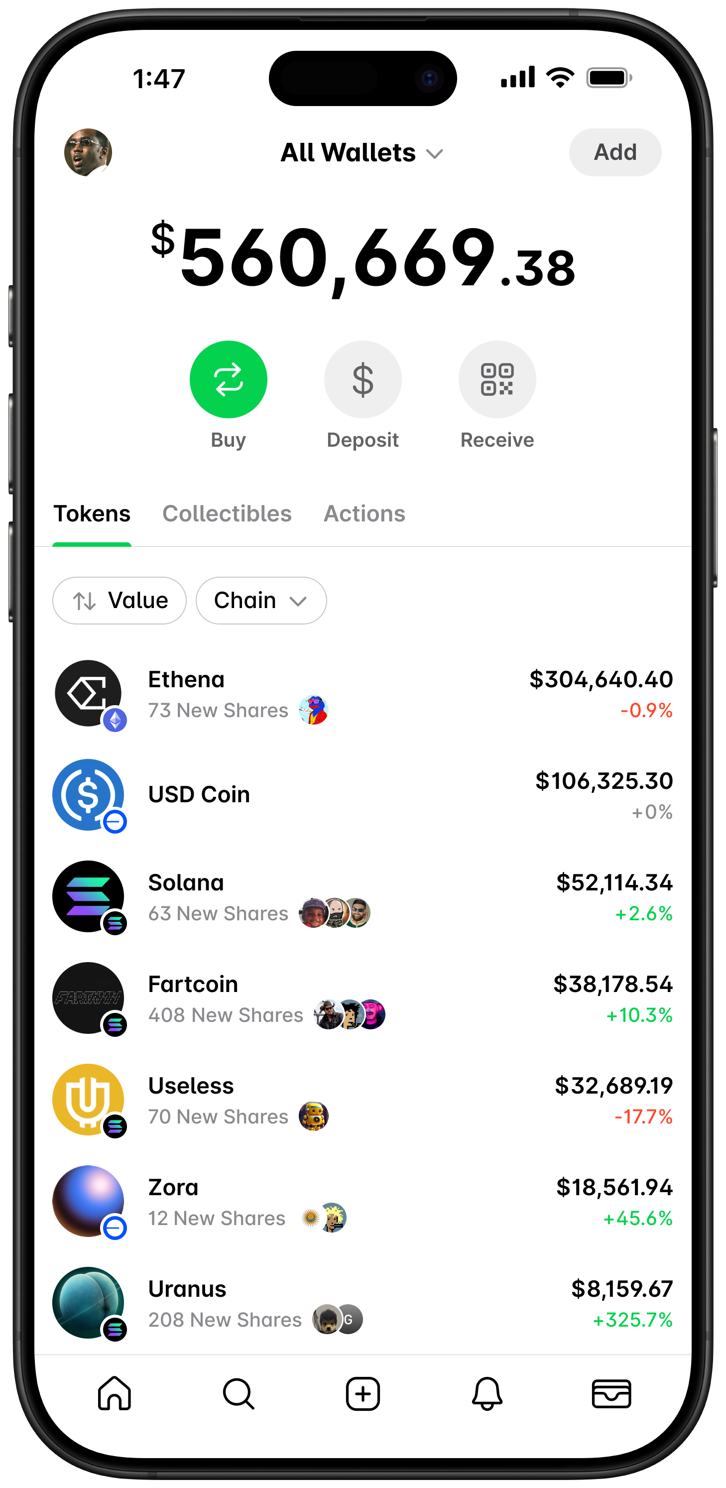 Wallet portfolio view showing total balances and tokens across all connected wallets