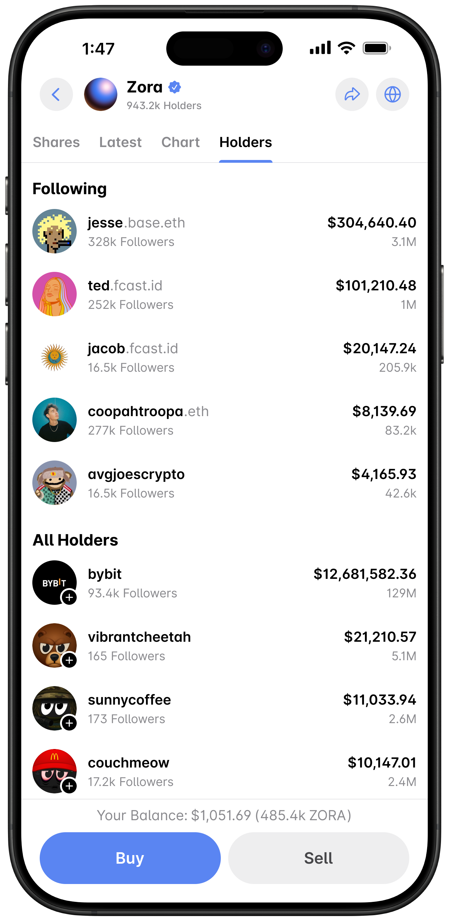 Token profiles and holder tab